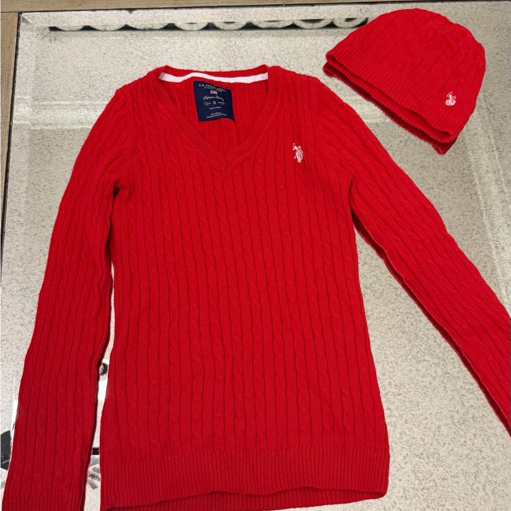 U.S. Polo Assn. Women's Red Cable Knit V-Neck Sweater